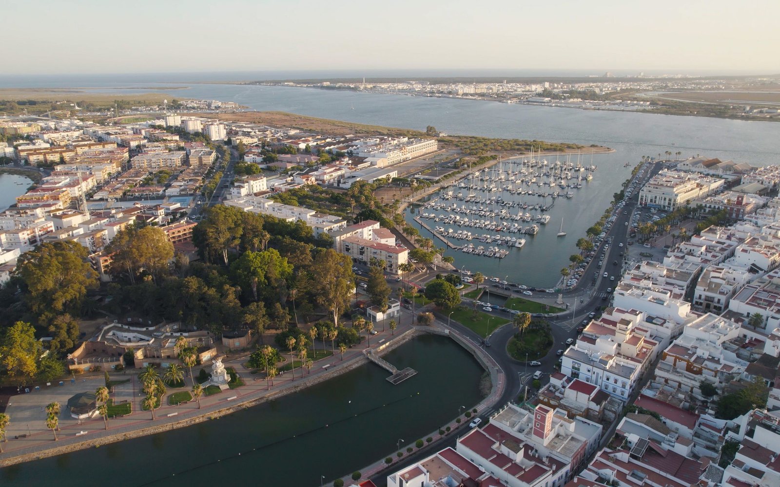 Aerial view of Ayamonte, its marina and the Guadiana, with Portugal across the river